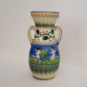 VTG Majolica Handled Vase 9 1/2" Raised Cherubs Floral Art Nouveau Design Japan